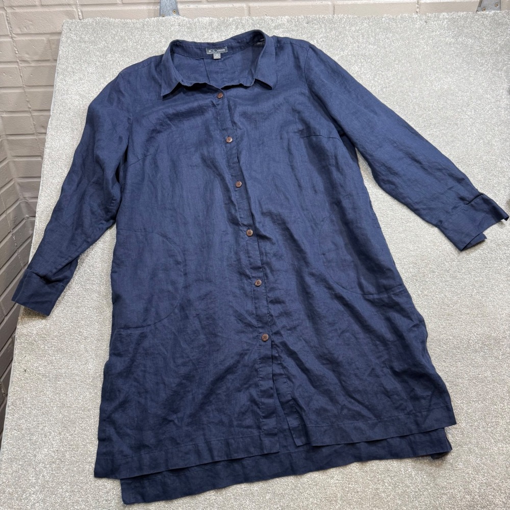 Go Silk Navy Linen Tunic Shirt Dress Button Down Plus 2X Lagenlook Minimalist